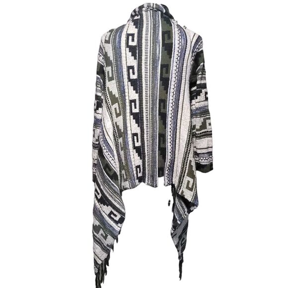 J Jill Aztec Print Fringe Sweater Open Waterfall Cardigan Wool Mohair Womens M - Picture 3 of 6